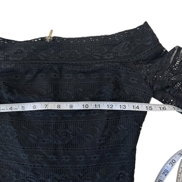 Bebe Women SZ S. Black Lace Peplum Top Blouse Off The Shoulder Gold Zipper Back - Picture 5 of 10